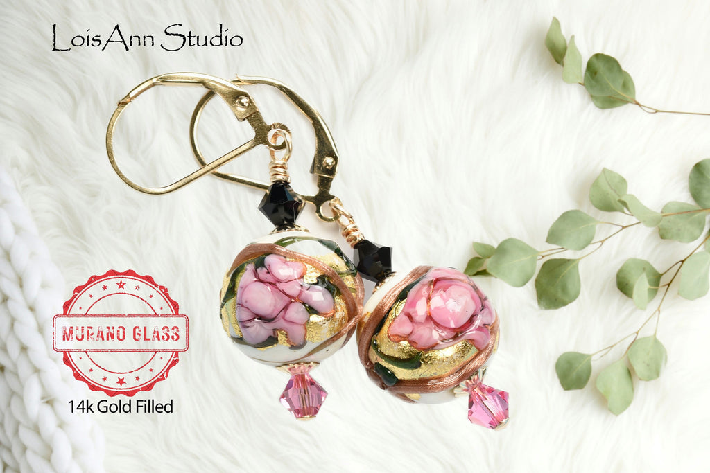 Pink Flowers Ivory Beaded Earrings, Murano Glass, Handmade, 14kt Gold Filled