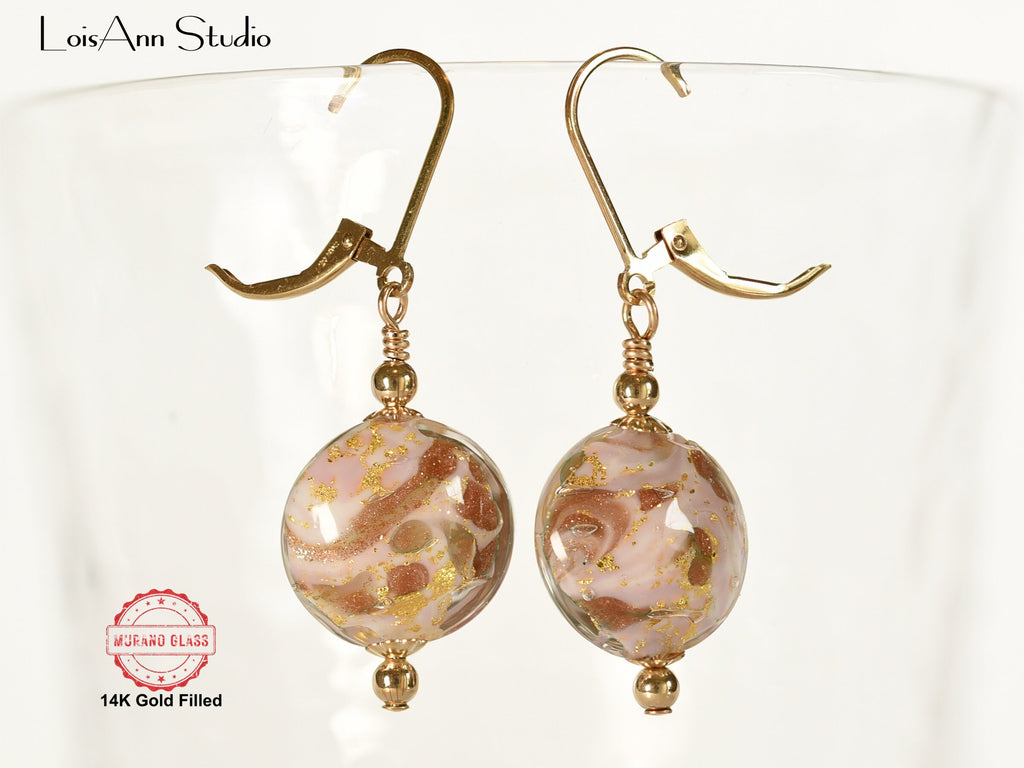 Murano Glass Pink Marble Earrings, Lampwork Beads, Venetian Murano, 14kt Gold Filled Ear Wires