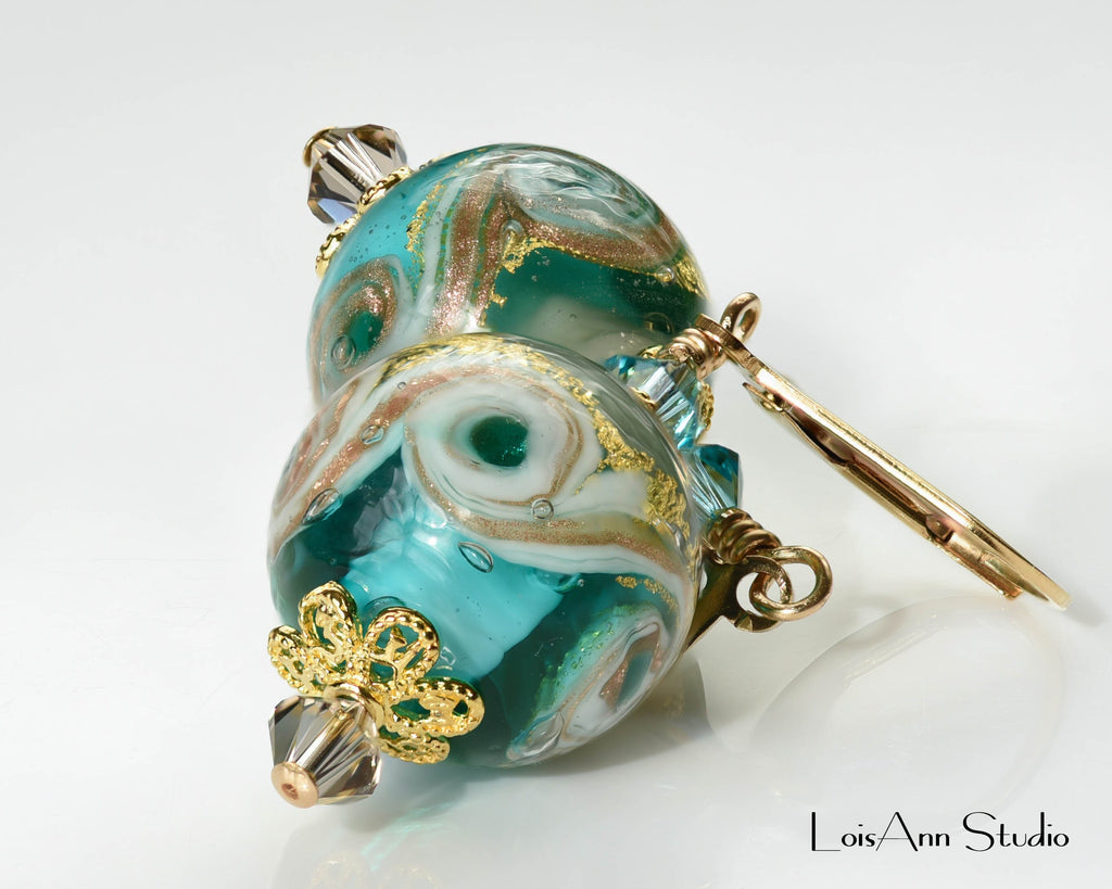 Murano Glass Lampwork Earrings: Sea Green & Smokey Gray, 14kt Gold Filled, Gift for Her