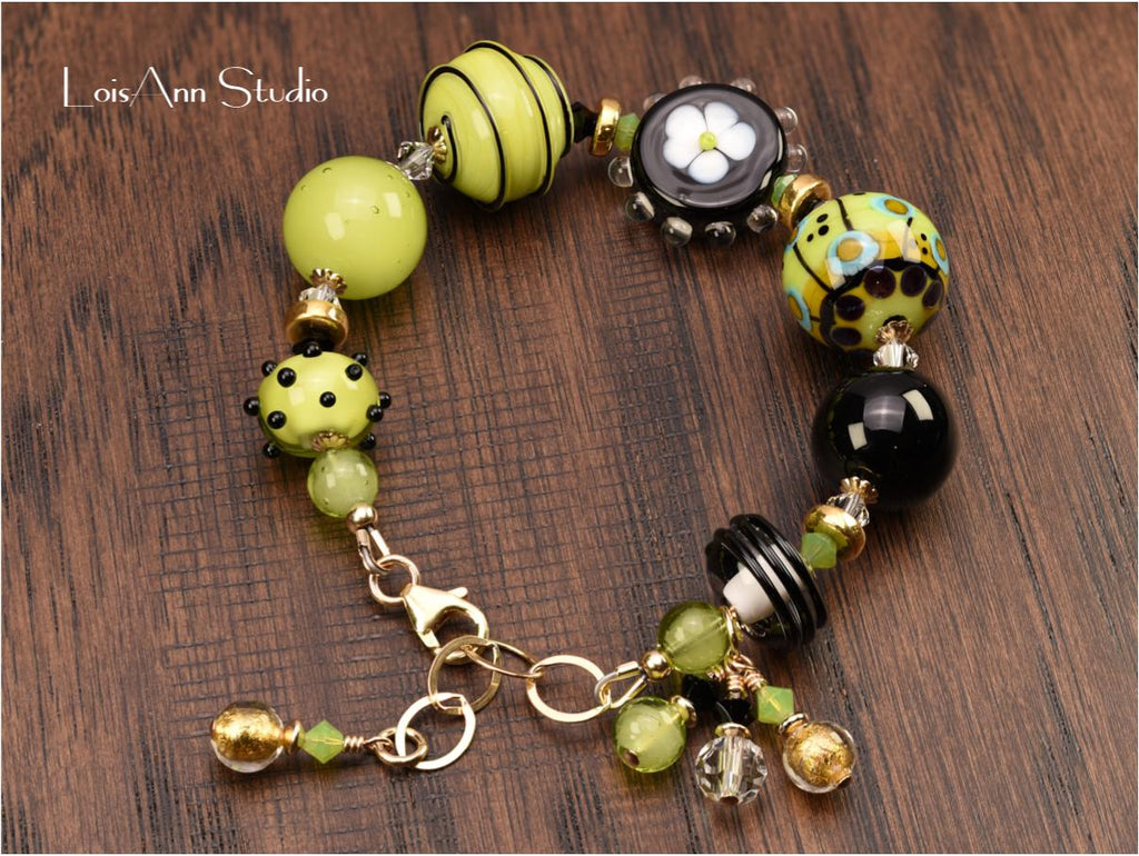Lime Green Lampwork Glass Bracelet: 14kt Gold Filled, Artisan OOAK Jewelry