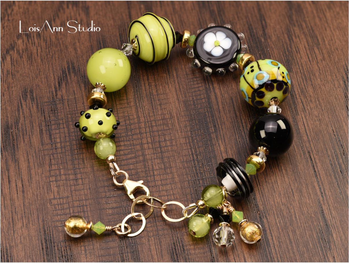 Lime Green Lampwork Glass Bracelet: 14kt Gold Filled, Artisan OOAK Jewelry