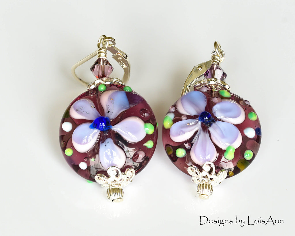 Purple Lampwork Earrings, Artisan Raised Flower Beads, Sterling Silver Earrings