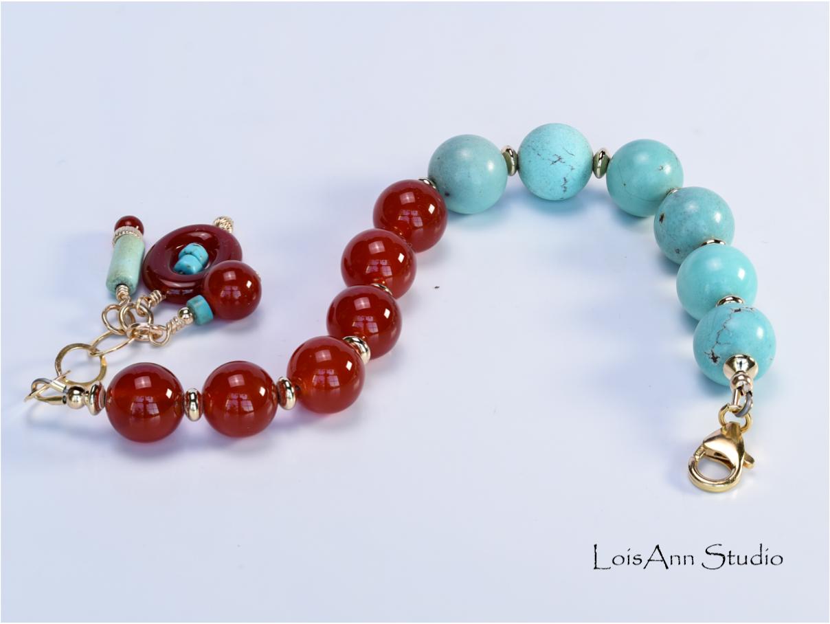Carnelian and Turquoise Bracelet: 14kt Gold Filled Beaded Charm Bracelet