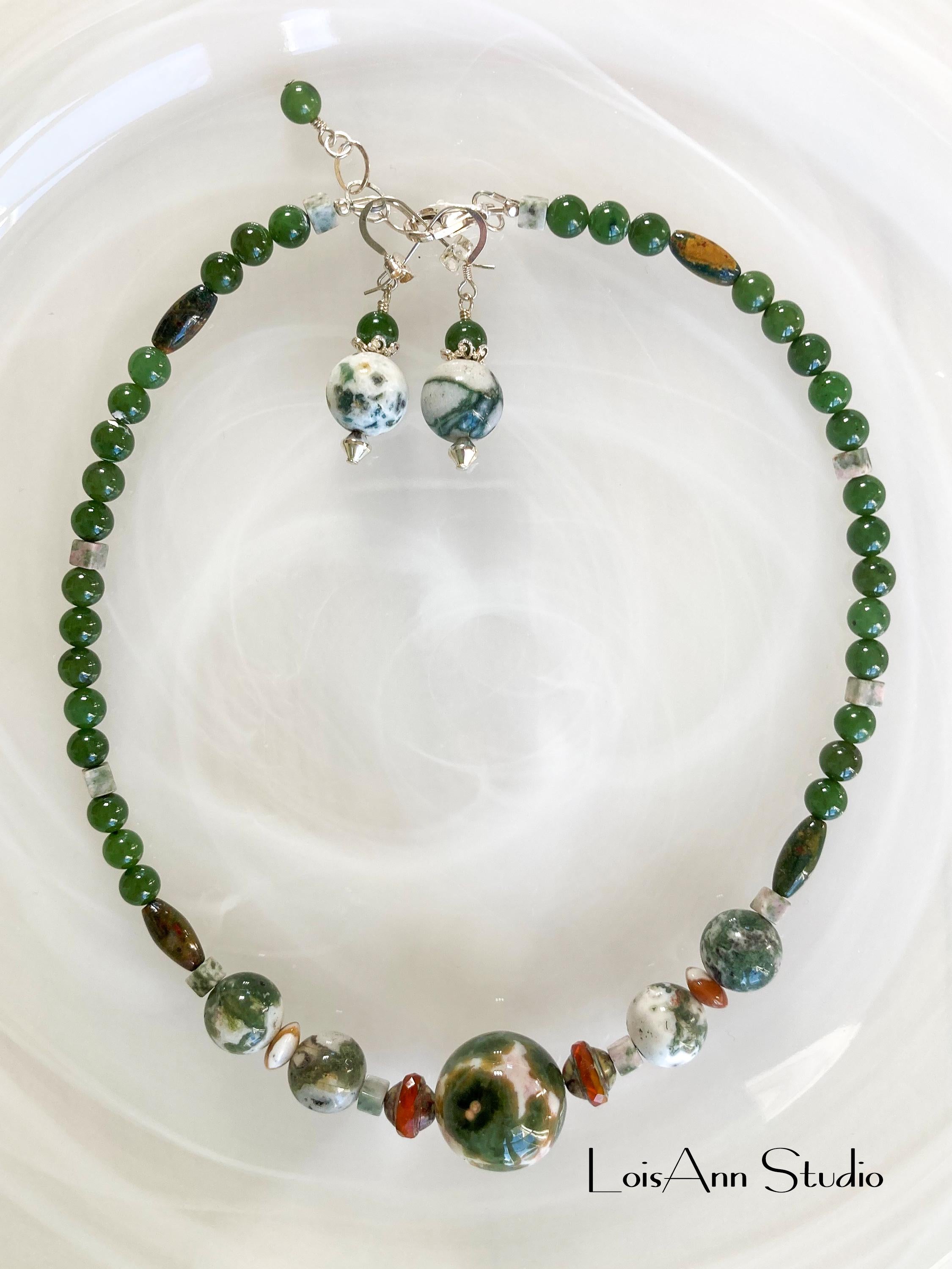 Handmade Green Gemstone Necklace and Earrings Set: Agate, Jade, Jasper