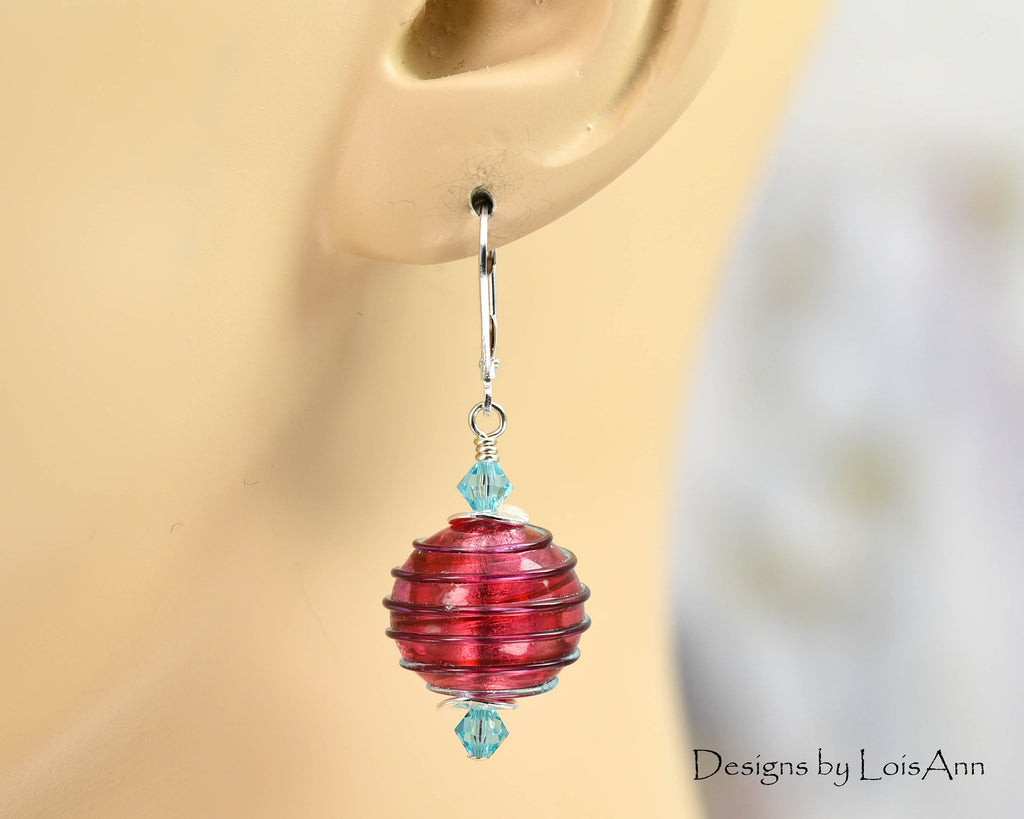Pink & Aqua Murano Glass Earrings, Sterling Silver Lever Backs