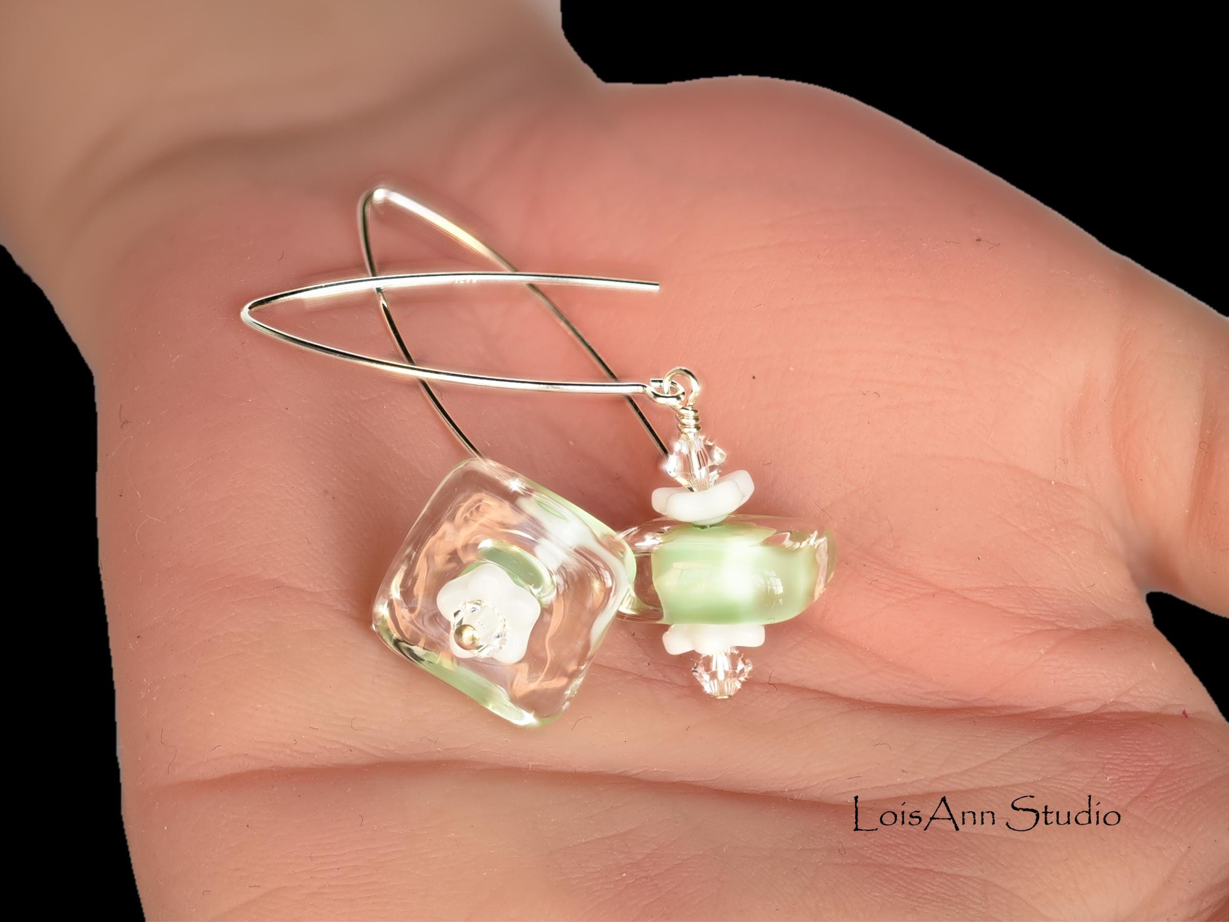 Lampwork Glass Earrings: Light Pistachio Green Artisan Beads, Handmade, Sterling Silver