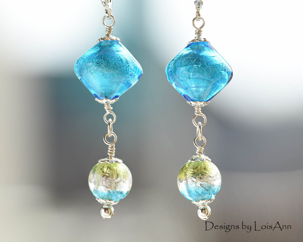 Lampwork Murano Glass Earrings: Sterling Silver, Aqua Blue & Gold