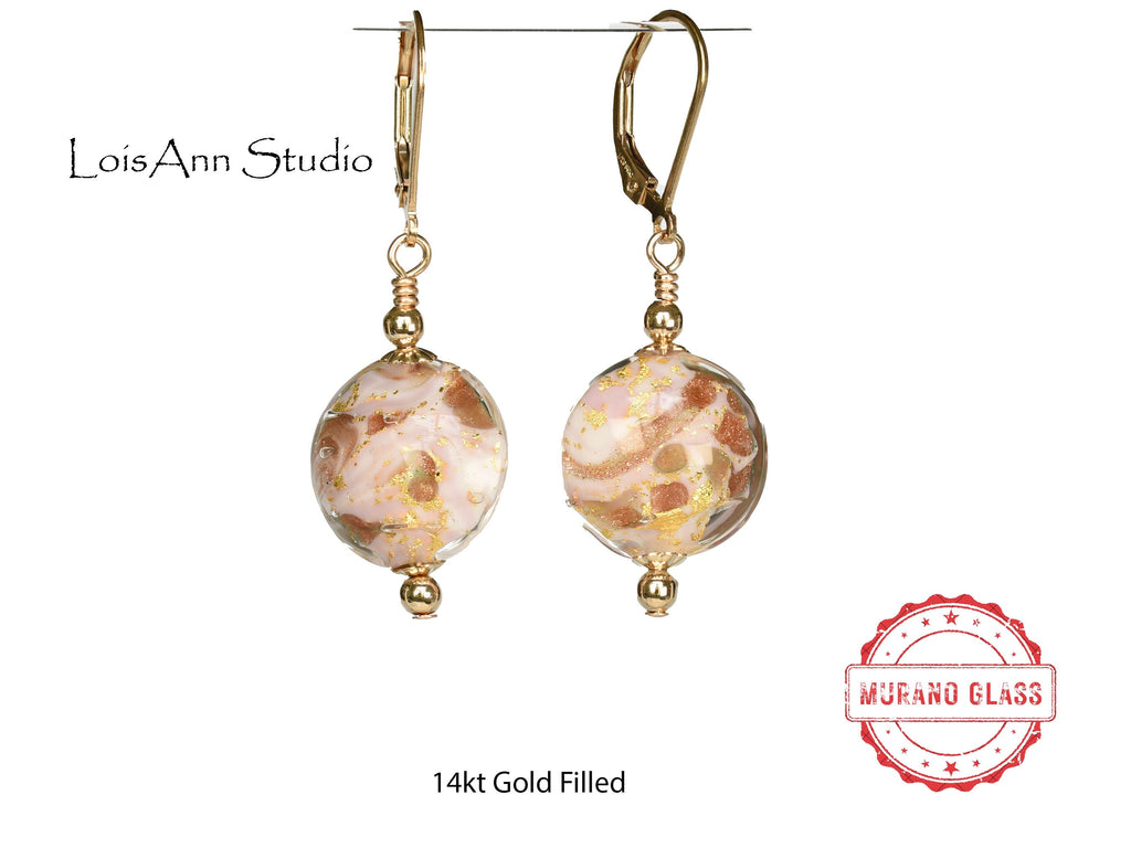 Murano Glass Pink Marble Earrings, Lampwork Beads, Venetian Murano, 14kt Gold Filled Ear Wires