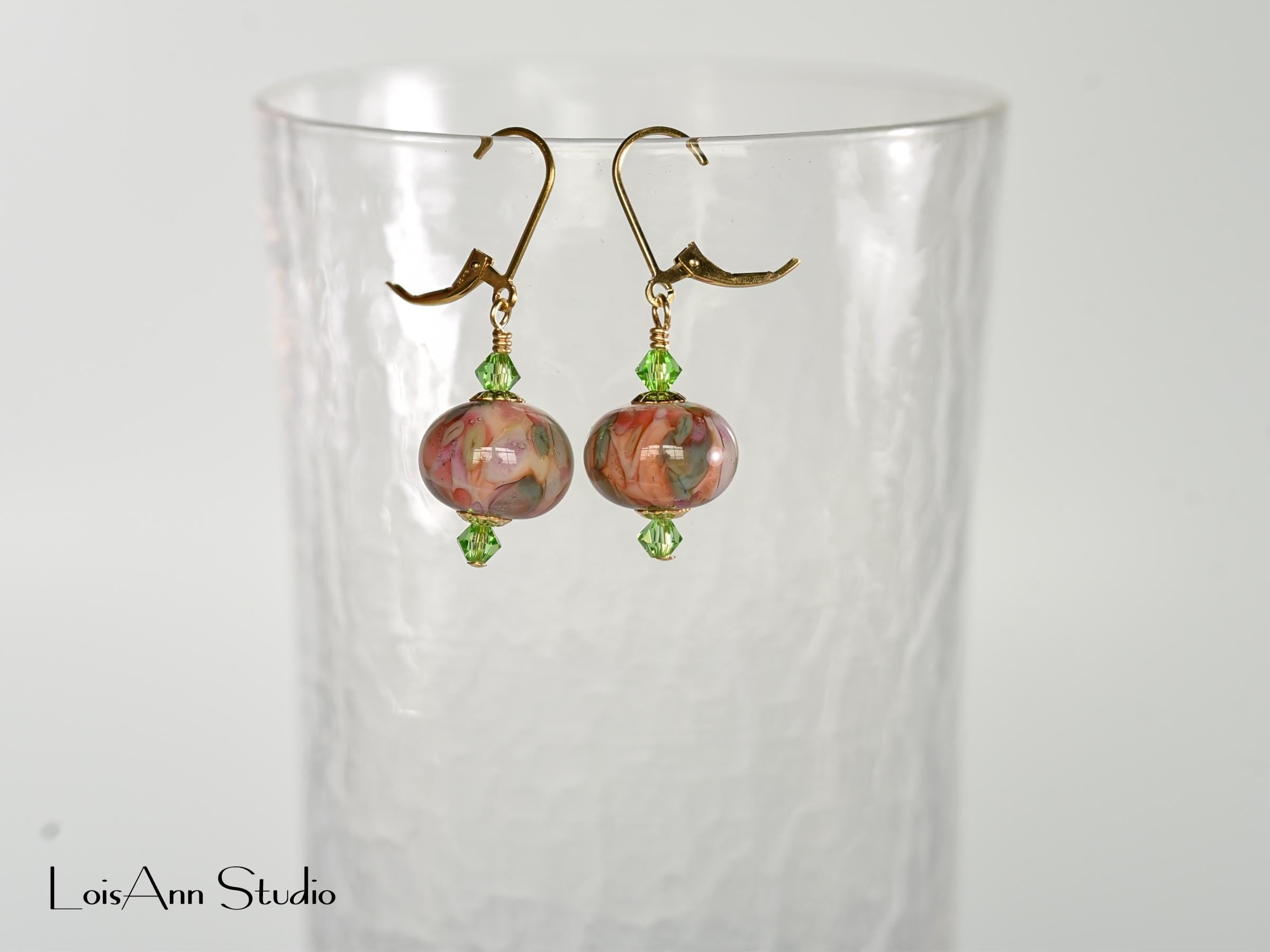 1-1/2 Inch Peach Lampwork Earrings, Handmade Glass, Artisan, 14K Gold Filled Earrings