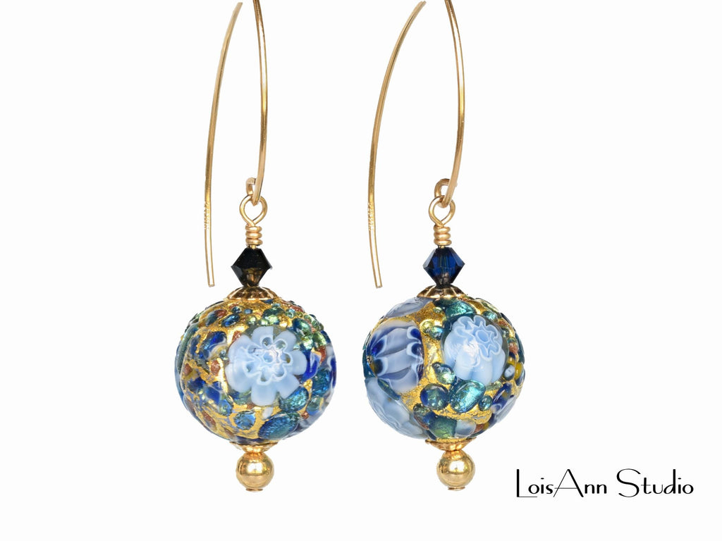 Murano Glass Millefiori Earrings:  Blue and Gold Foil, Art Glass Beaded Earrings, 14K Gold Filled Ear Wires