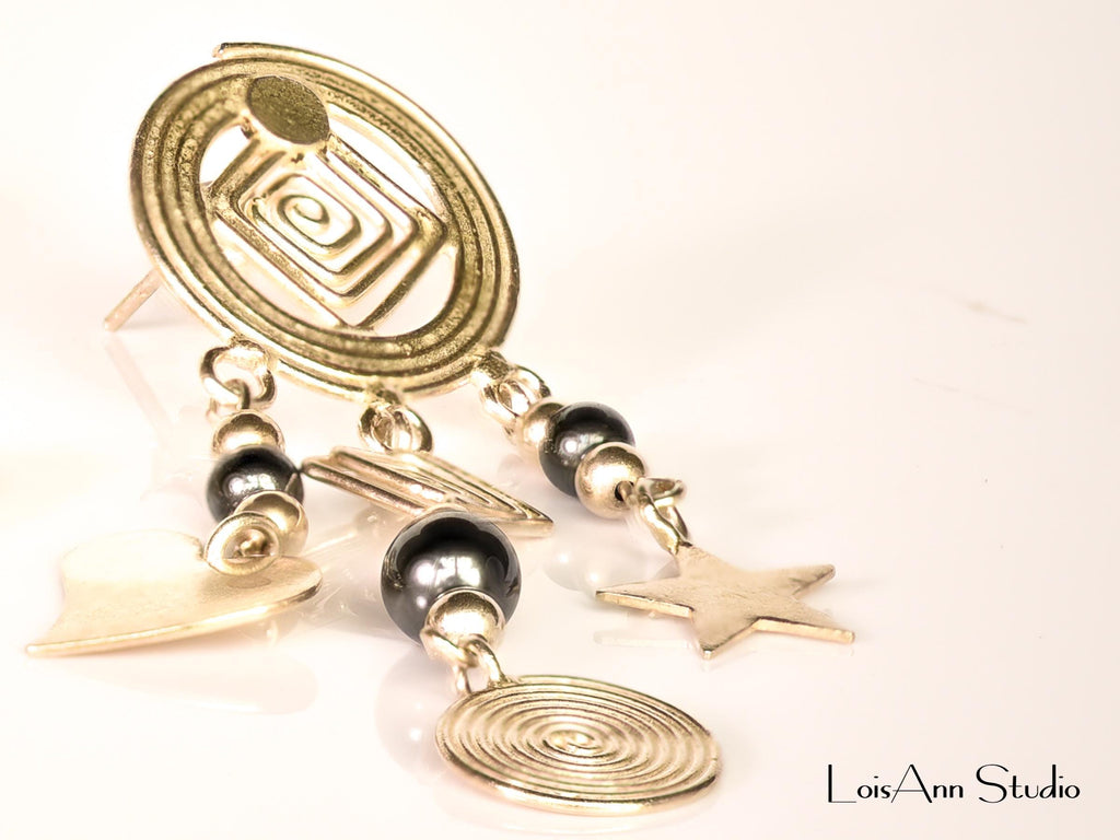 Sterling Silver Chandelier Earrings: Hematite Beads & Dangle Charms