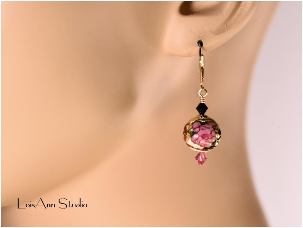 Pink Flowers Ivory Beaded Earrings, Murano Glass, Handmade, 14kt Gold Filled