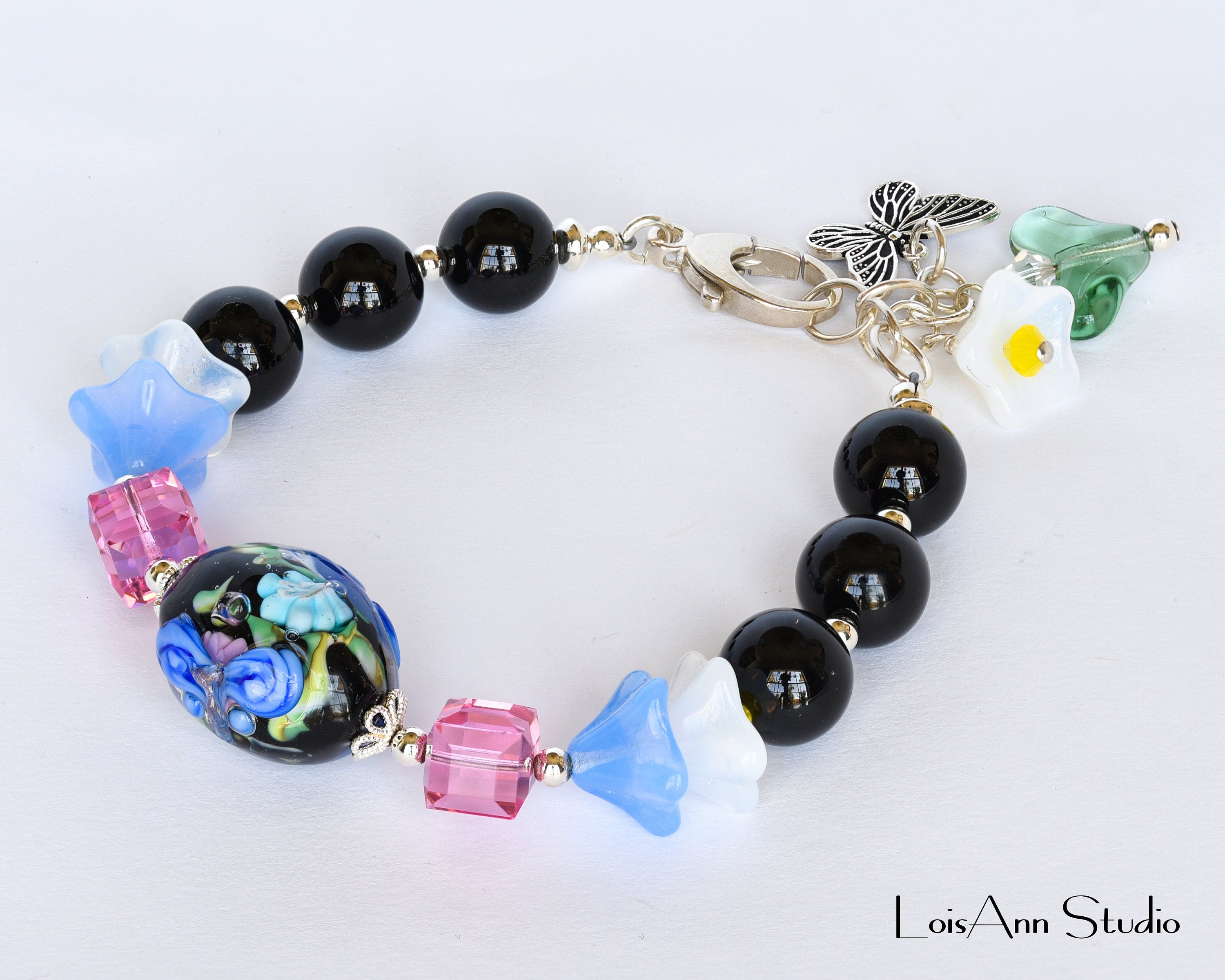 Butterfly Lampwork Bracelet:  Sterling Silver, Adjustable