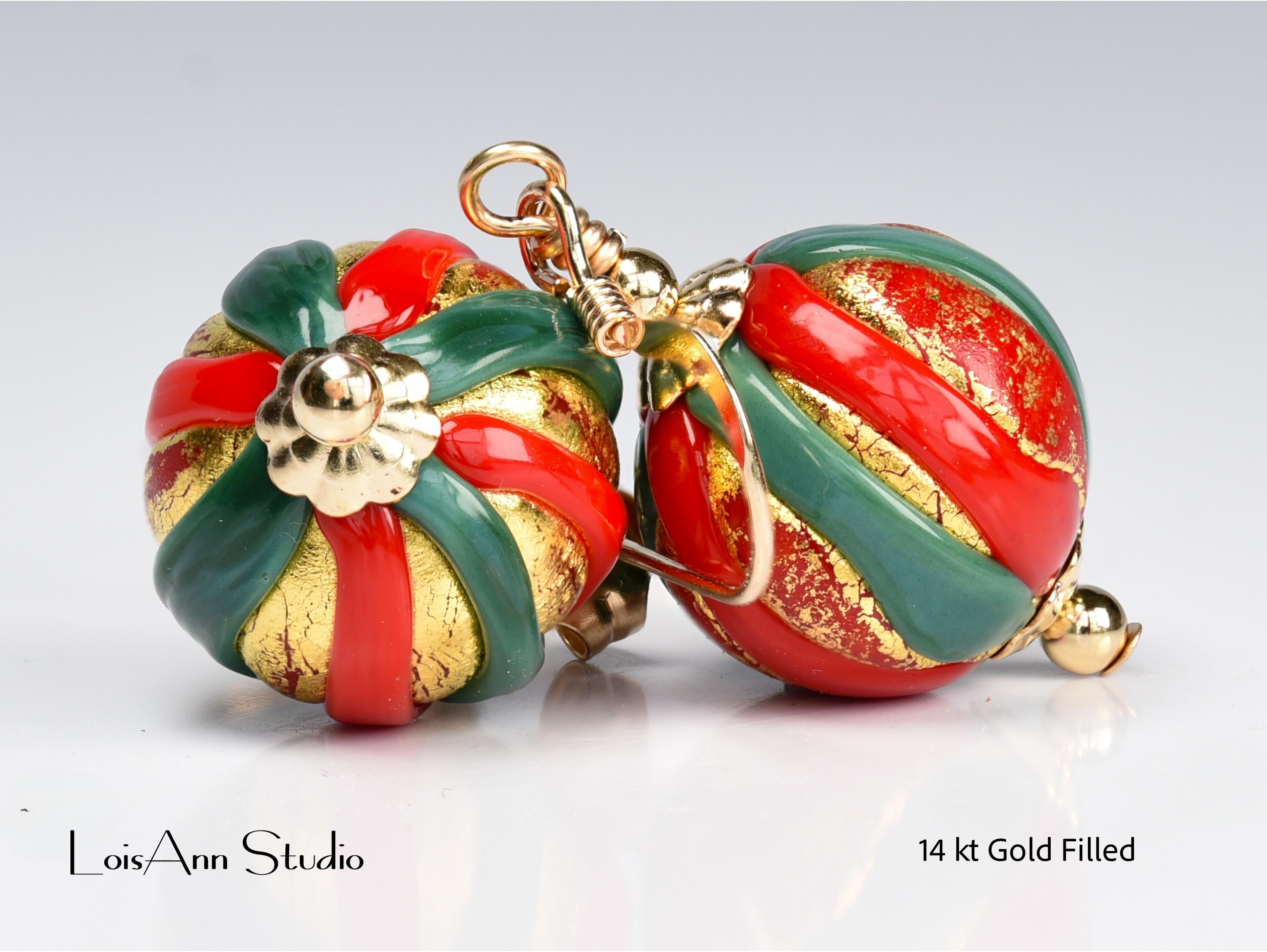 Murano Glass Christmas Earrings: Red Green Gold, 14kt Gold Filled