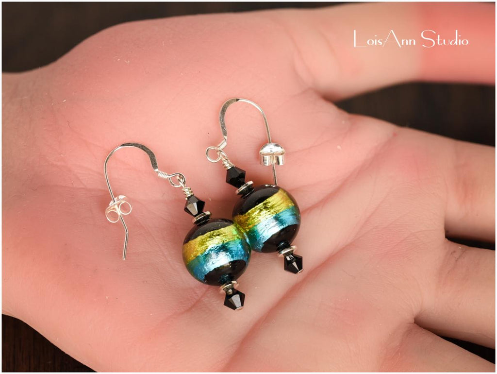 Murano Glass Earrings: Black, Green, Aqua Sterling Silver