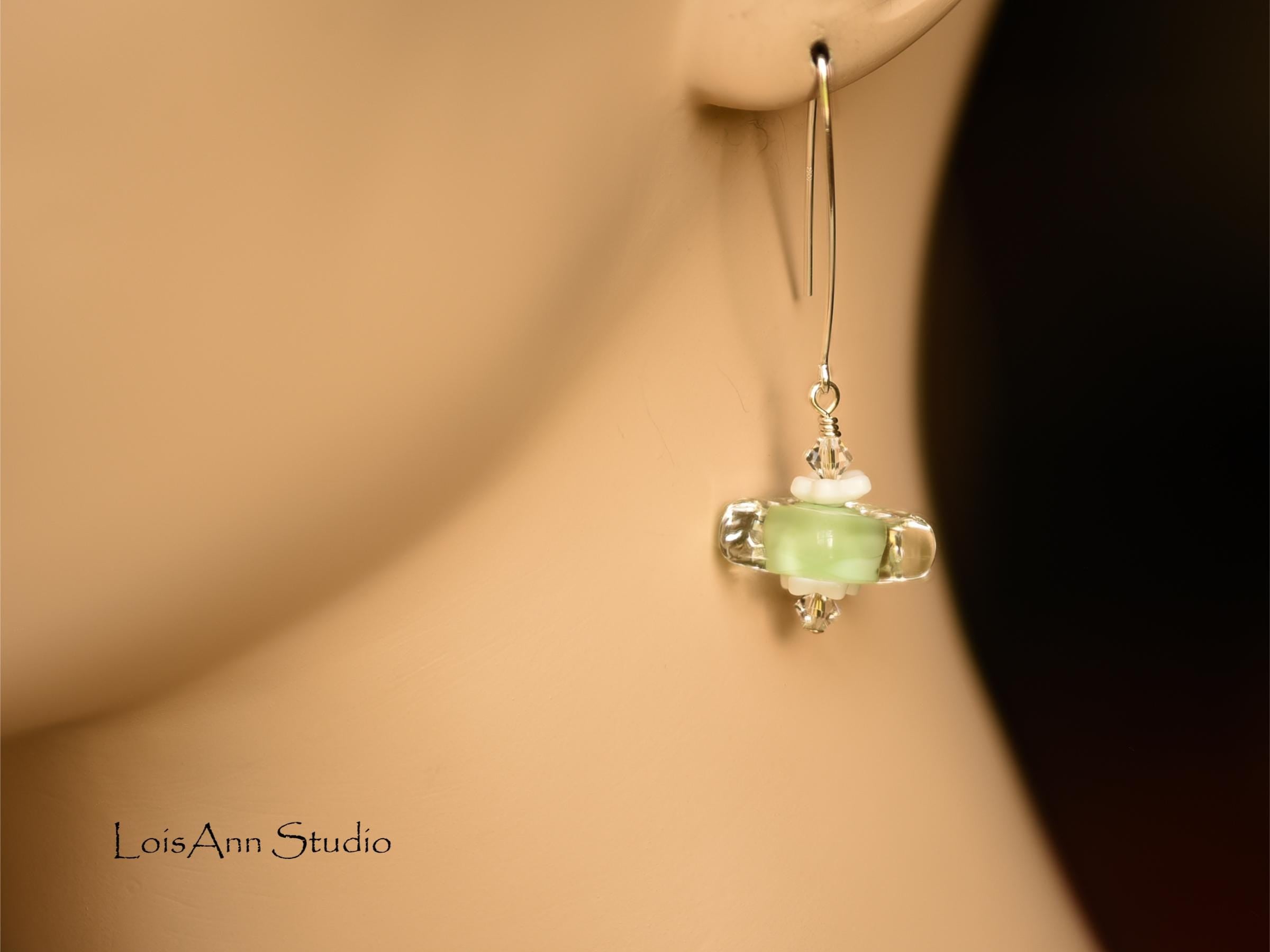 Lampwork Glass Earrings: Light Pistachio Green Artisan Beads, Handmade, Sterling Silver