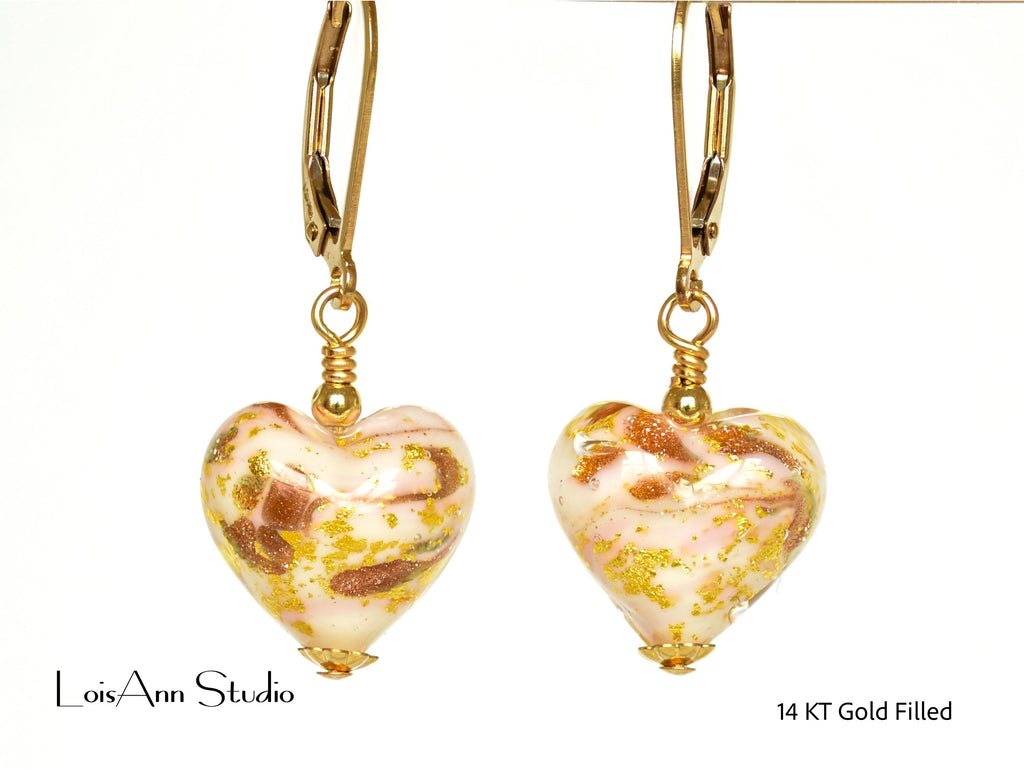 Pink Murano Heart Earrings: 14kt Gold Filled, Venetian Glass