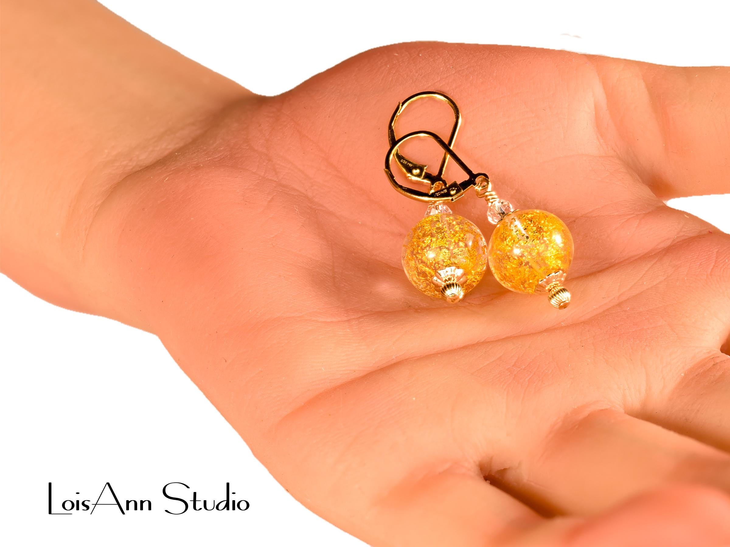 Gold Foil Lampwork Glass Earrings, 14K Gold Filled Lever Backs, Gift Worthy
