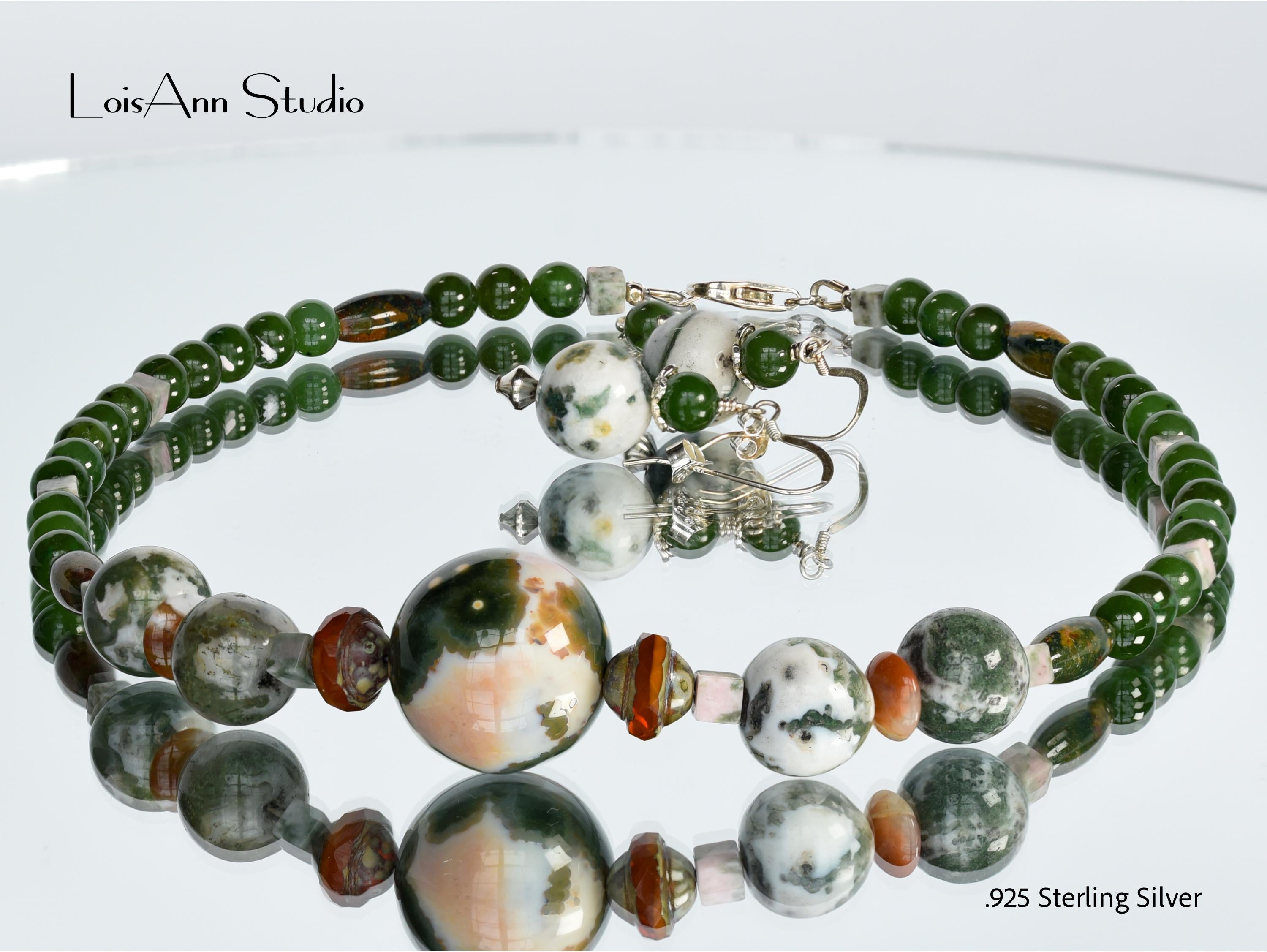 Handmade Green Gemstone Necklace and Earrings Set: Agate, Jade, Jasper
