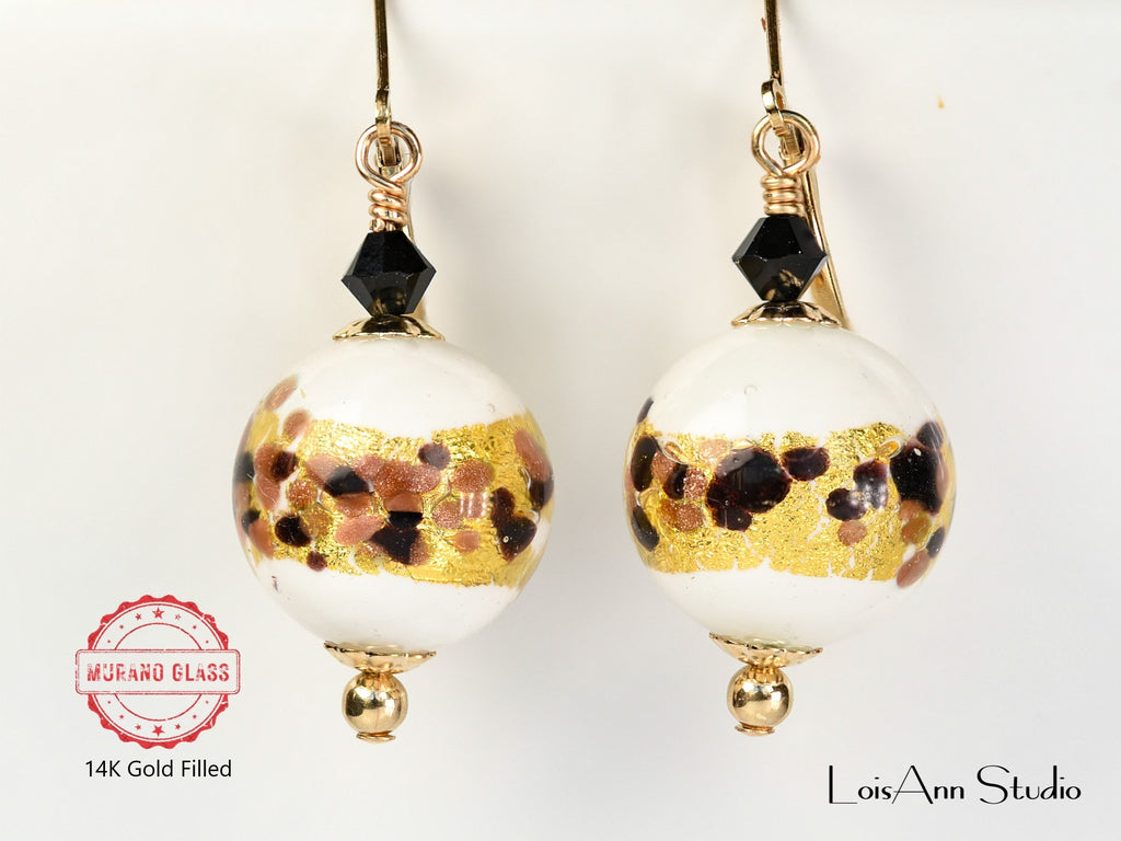 Animal Print Murano Glass Earrings: 14kt Gold Filled Lever Backs, Hand Torched Glass