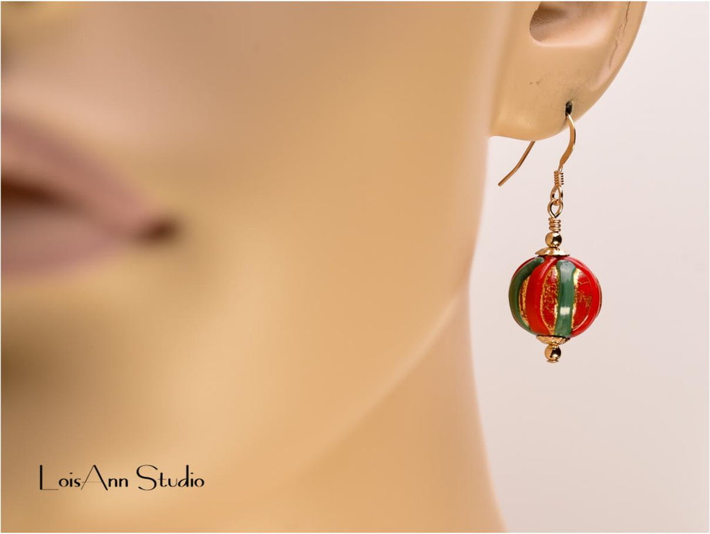 Murano Glass Christmas Earrings: Red Green Gold, 14kt Gold Filled