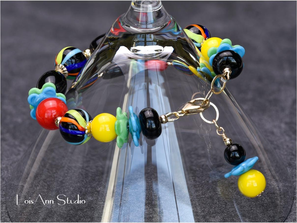 Lampwork Glass Bracelet: Multicolor Artisan Jewelry, 14kt Gold Filled