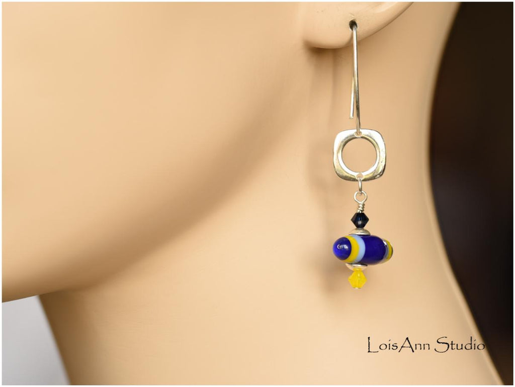 Lampwork Glass Earrings: Funky Mismatched Sterling Silver Jewelry, Navy Blue and Yellow