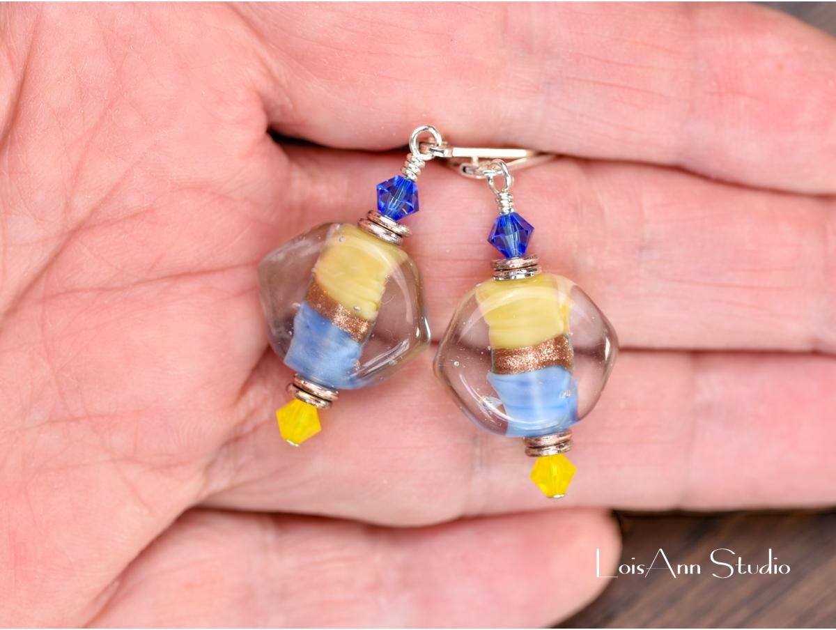 Lampwork Glass Earrings: Yellow, Blue, Sterling Silver Leverbacks