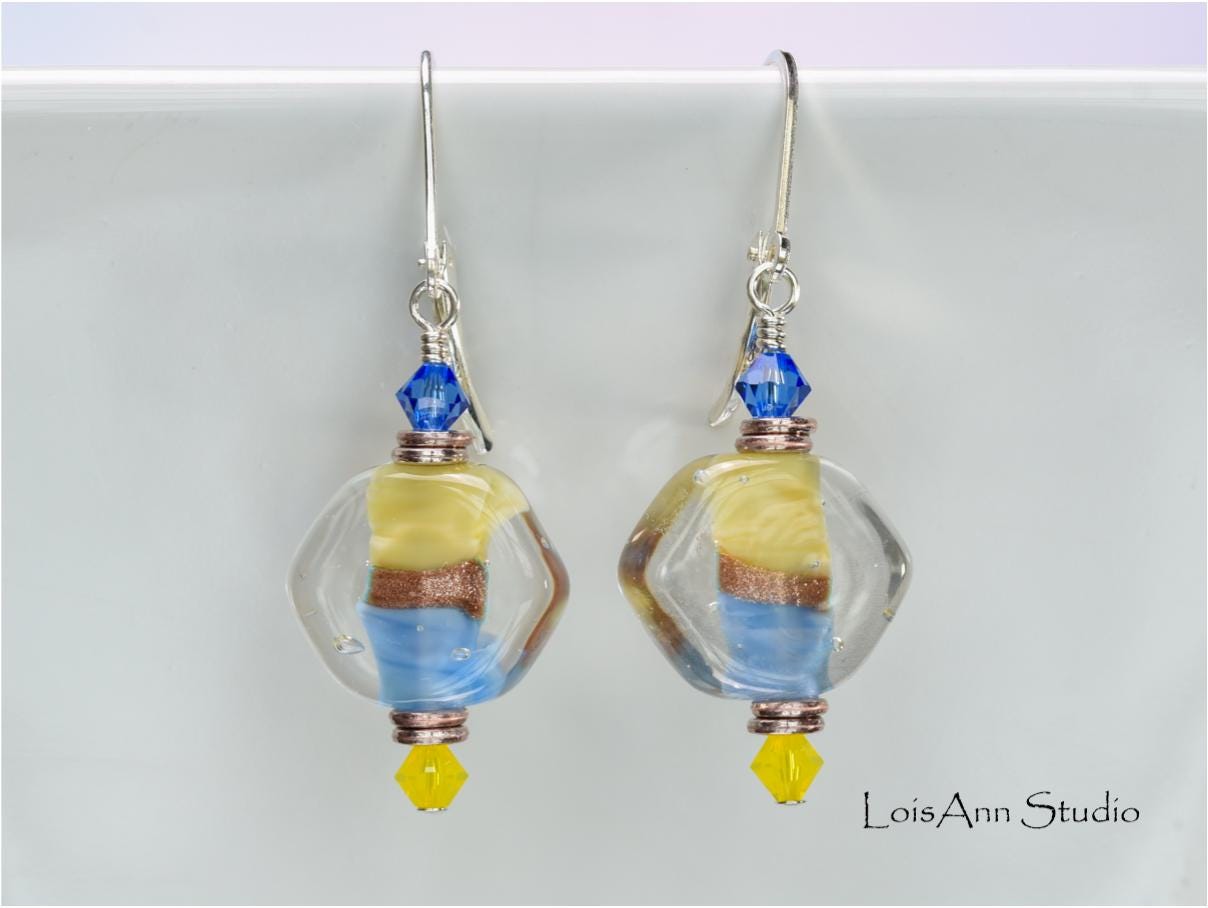 Lampwork Glass Earrings: Yellow, Blue, Sterling Silver Leverbacks