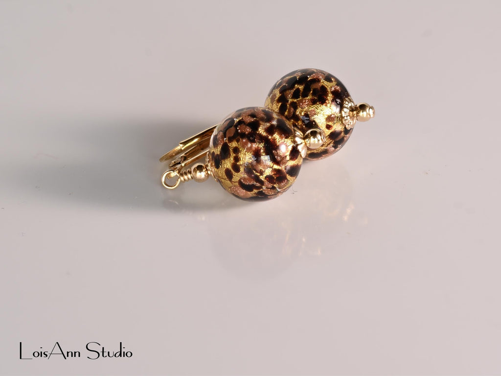 Chocolate Brown Gold Speckled Earrings, 24K Gold Foil, Venetian Murano, 14K Gold Filled Ear Wires, Gift for Her