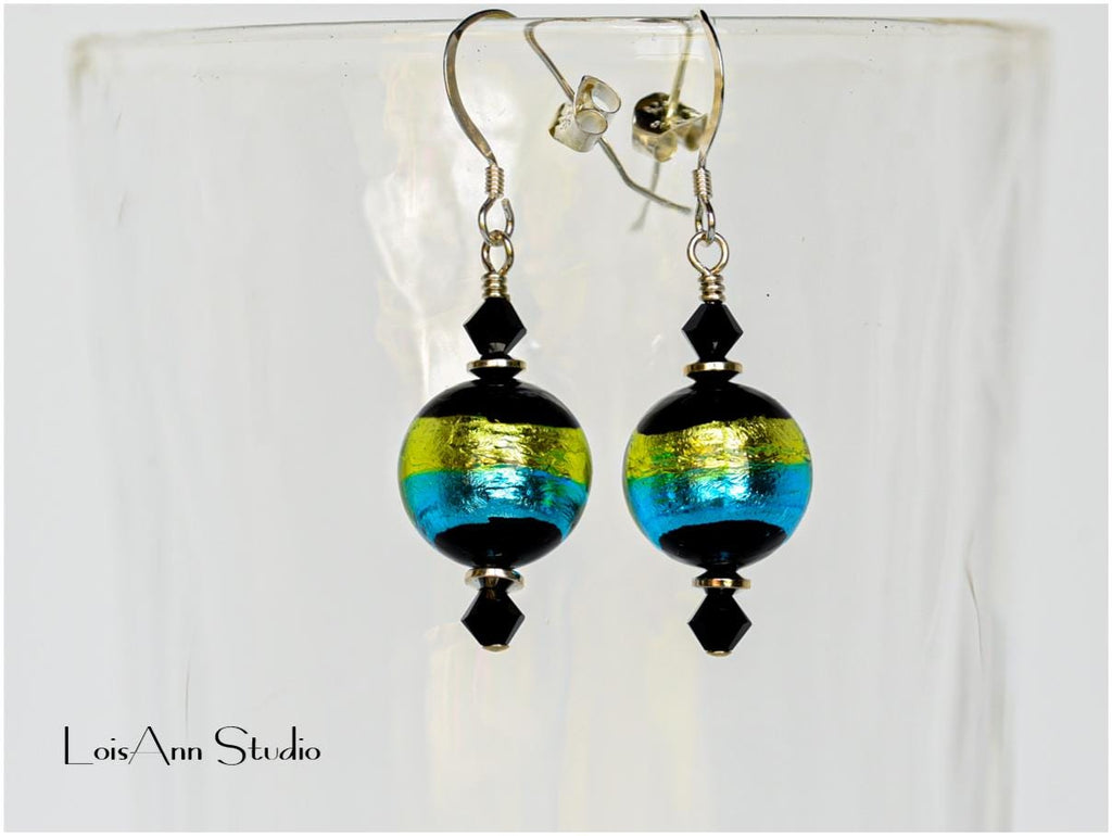 Murano Glass Earrings: Black, Green, Aqua Sterling Silver