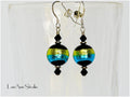 Murano Glass Earrings: Black, Green, Aqua Sterling Silver