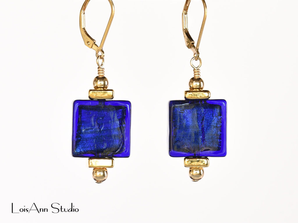 Cobalt Blue and 24K Gold Foil Earrings:  Navy Blue Earrings, Venetian Murano Glass, 14K Gold Filled, Gift for Her, Free Shipping