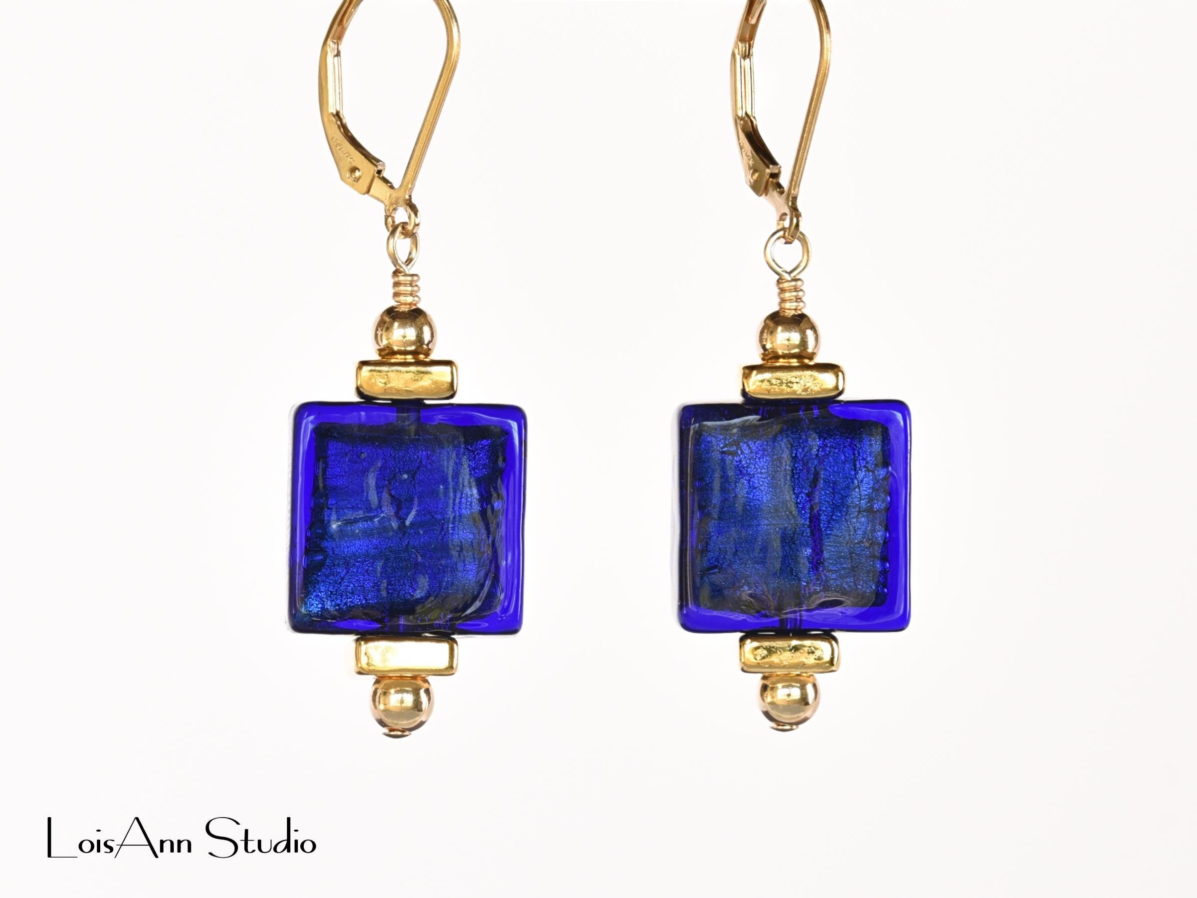 Cobalt Blue and 24K Gold Foil Earrings:  Navy Blue Earrings, Venetian Murano Glass, 14K Gold Filled, Gift for Her, Free Shipping