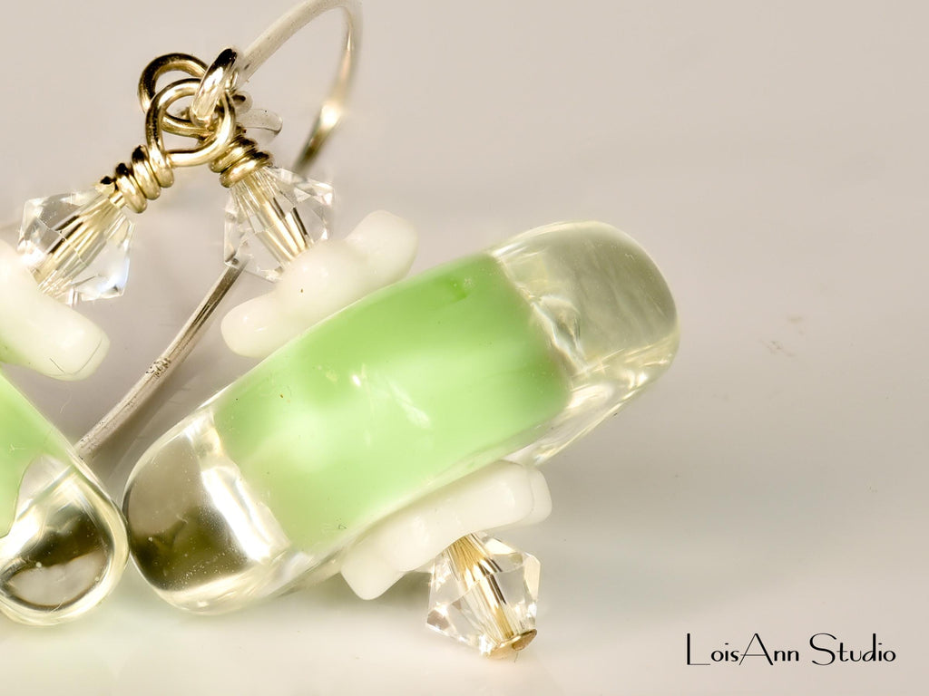 Lampwork Glass Earrings: Light Pistachio Green Artisan Beads, Handmade, Sterling Silver