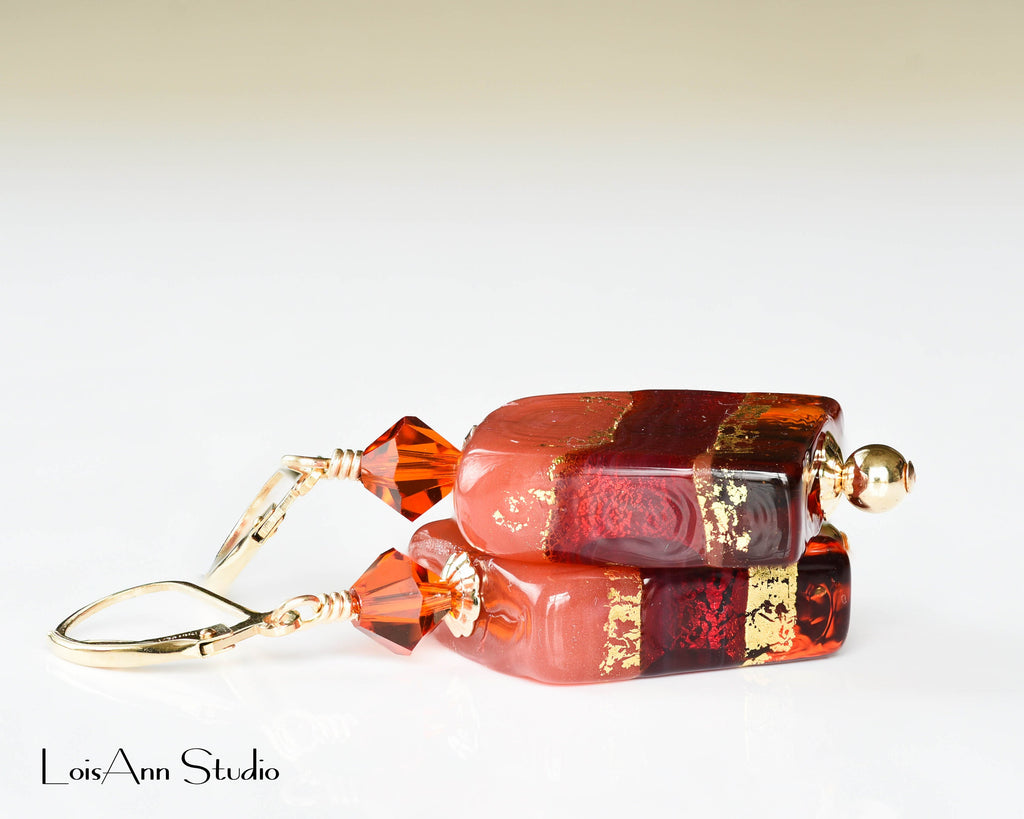 Dark Amber Tricolor Square Murano Beaded Earrings, 14kt Gold Filled