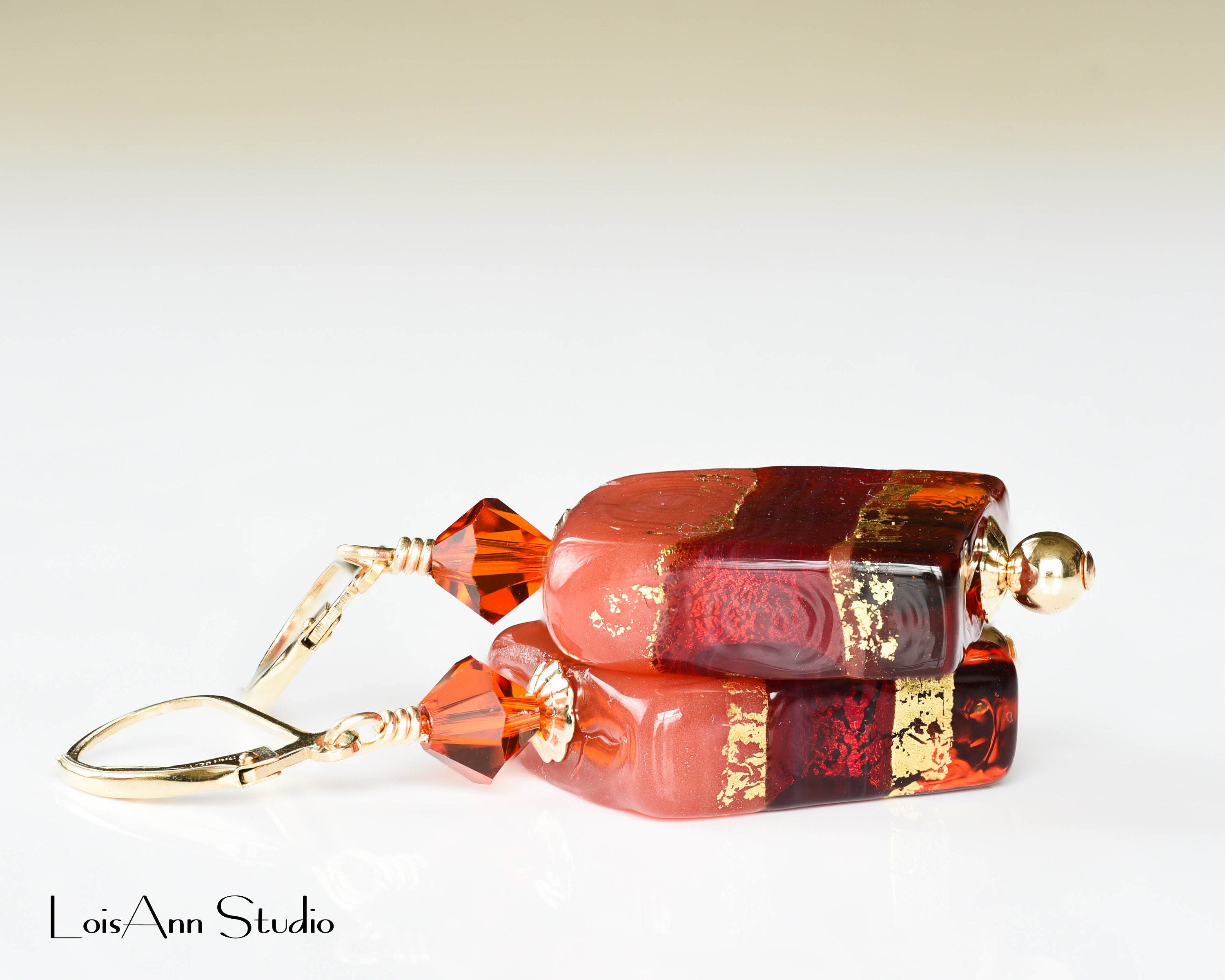 Dark Amber Tricolor Square Murano Beaded Earrings, 14kt Gold Filled