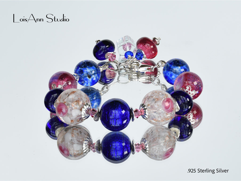 Lampwork Murano Glass Bracelet: Cobalt Blue, Pink, Sterling Silver