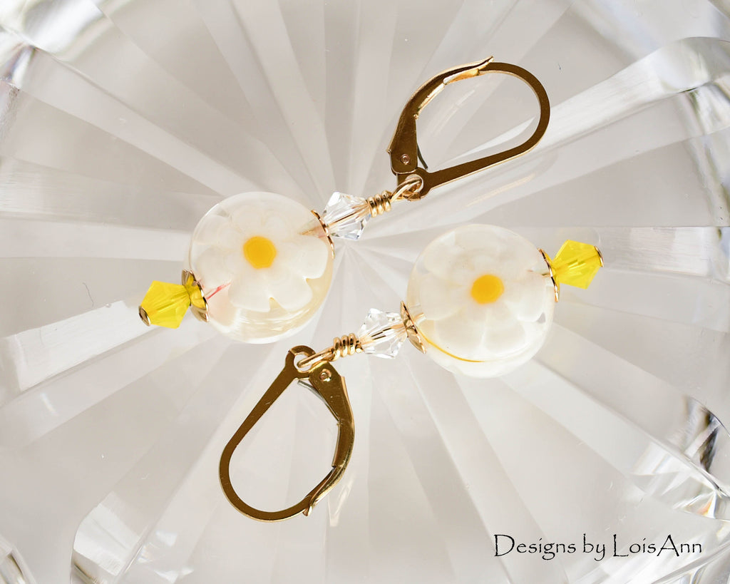 Daisy Millefiori Flower 14kt Gold Filled Earrings, Venetian Murano