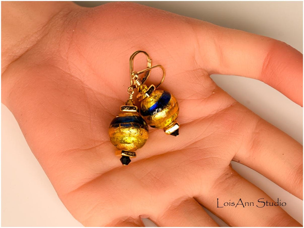 Murano Glass Beaded Earrings: Peridot Green, Cobalt Blue & Gold