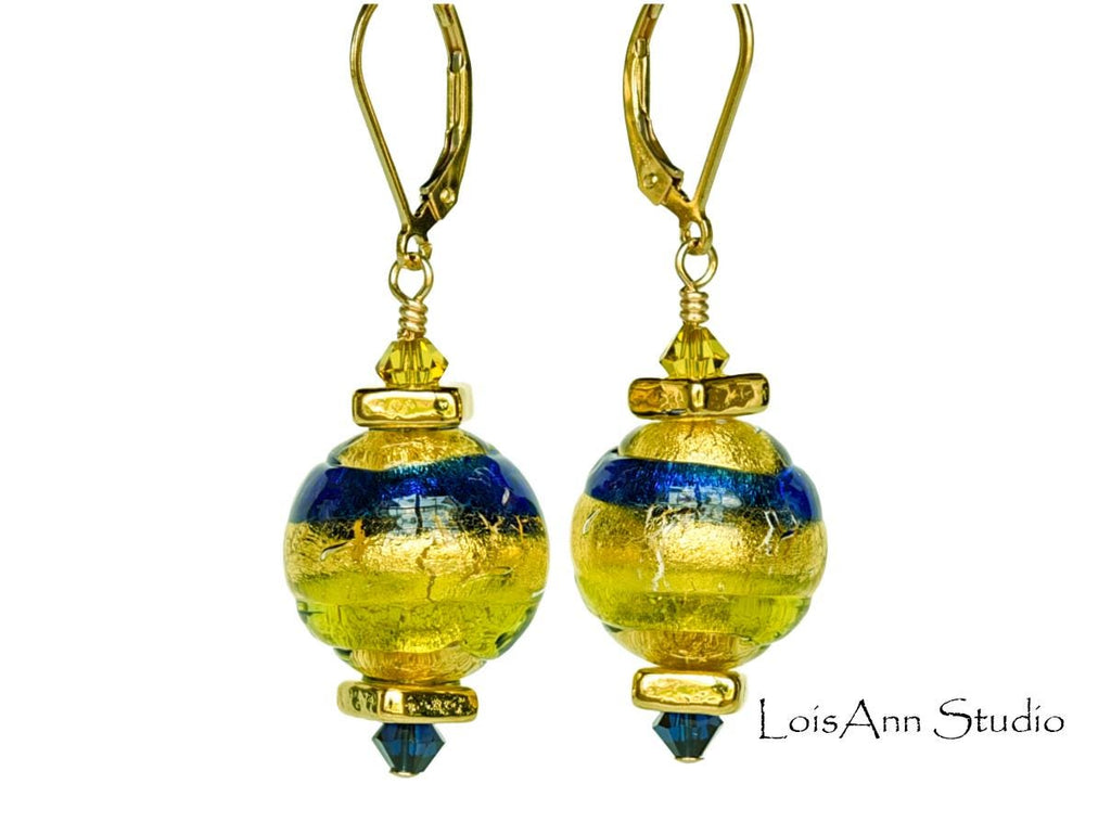 Murano Glass Beaded Earrings: Peridot Green, Cobalt Blue & Gold