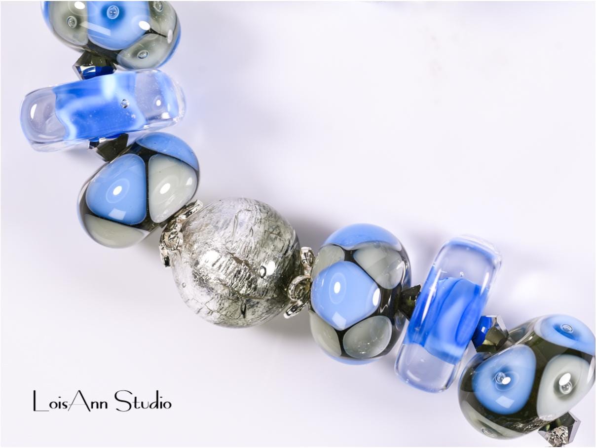 Blue Lampwork Glass Bracelet: Sterling Silver, Adjustable Artisan Jewelry