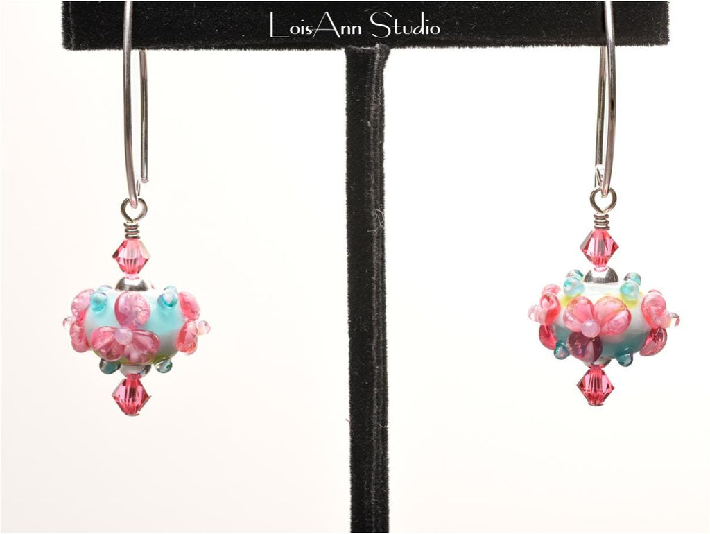 Pink Lampwork Beaded Earrings: Sterling Silver, Swarovski Crystals