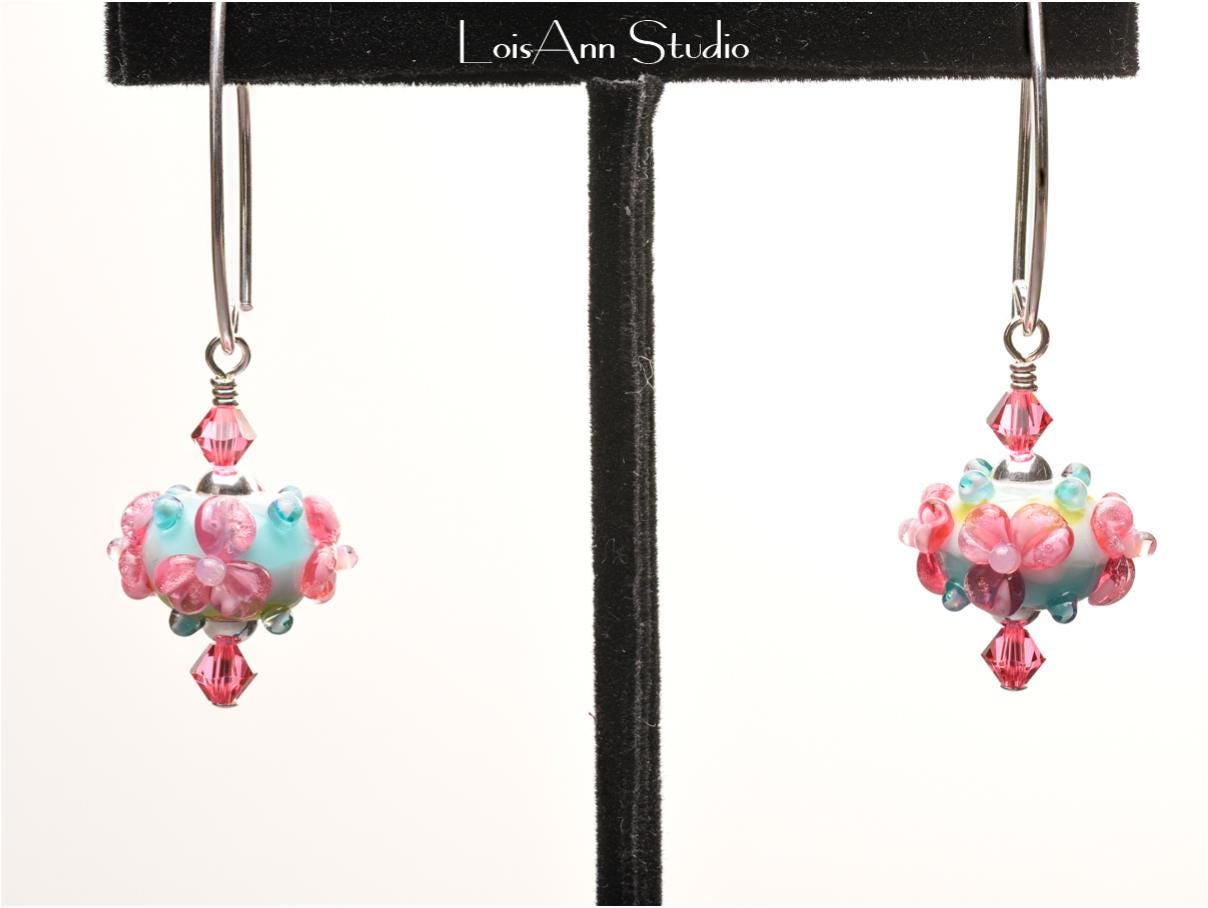 Pink Lampwork Beaded Earrings: Sterling Silver, Swarovski Crystals