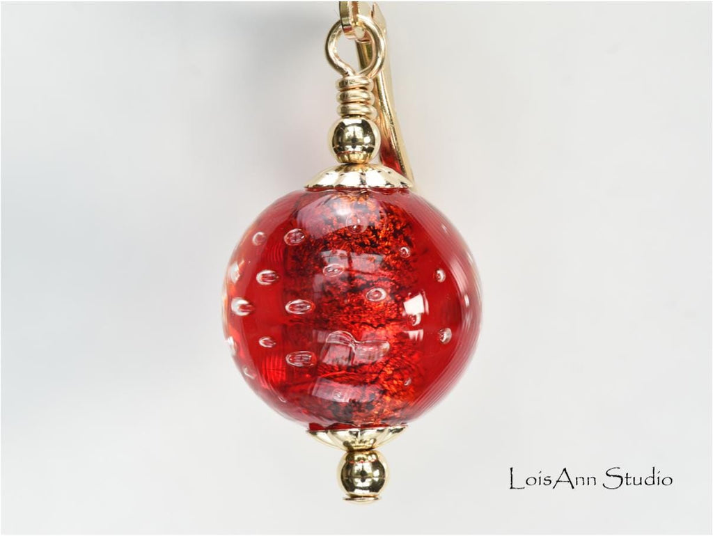 Red Murano Bollicine Glass Earrings, Lampwork Beads, 14kt Gold Filled
