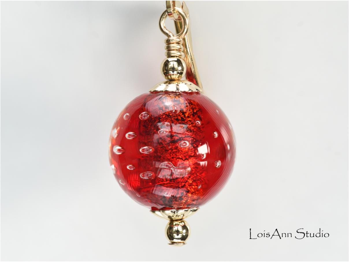 Red Murano Bollicine Glass Earrings, Lampwork Beads, 14kt Gold Filled