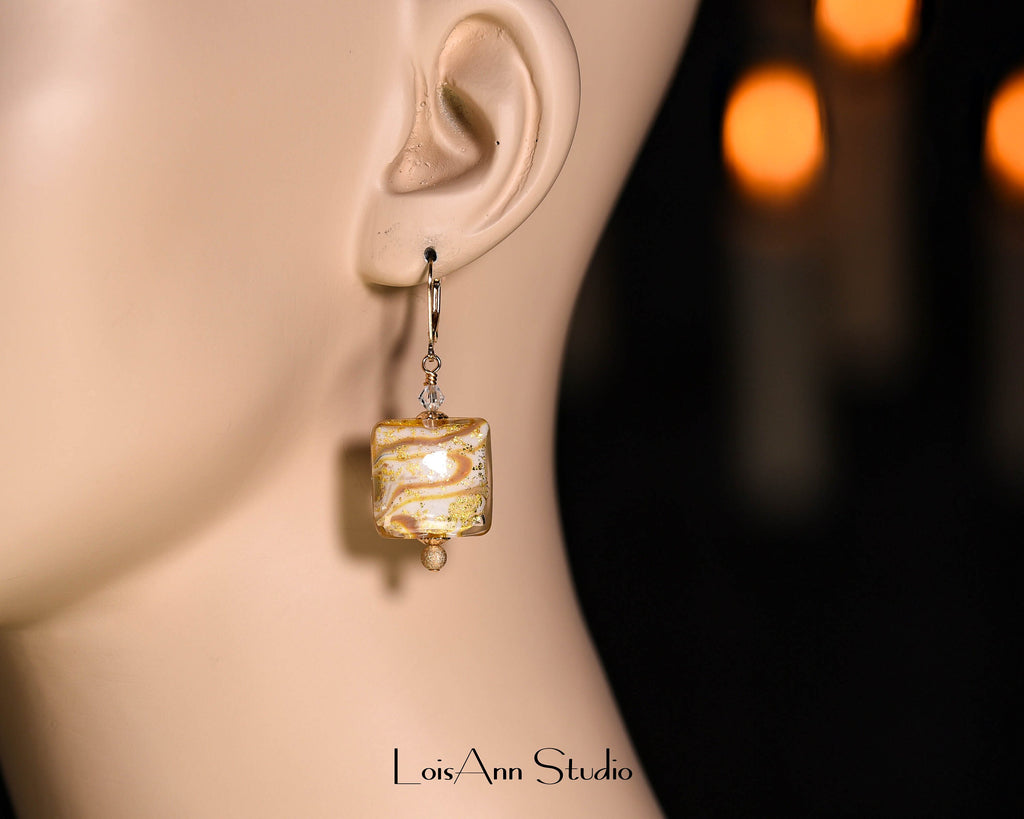 Rare Calcedonia Murano Glass 24kt Gold Foil Earrings, 14kt Gold Filled Lever Back Ear Wires for Pierced Ears, Handmade Lampwork