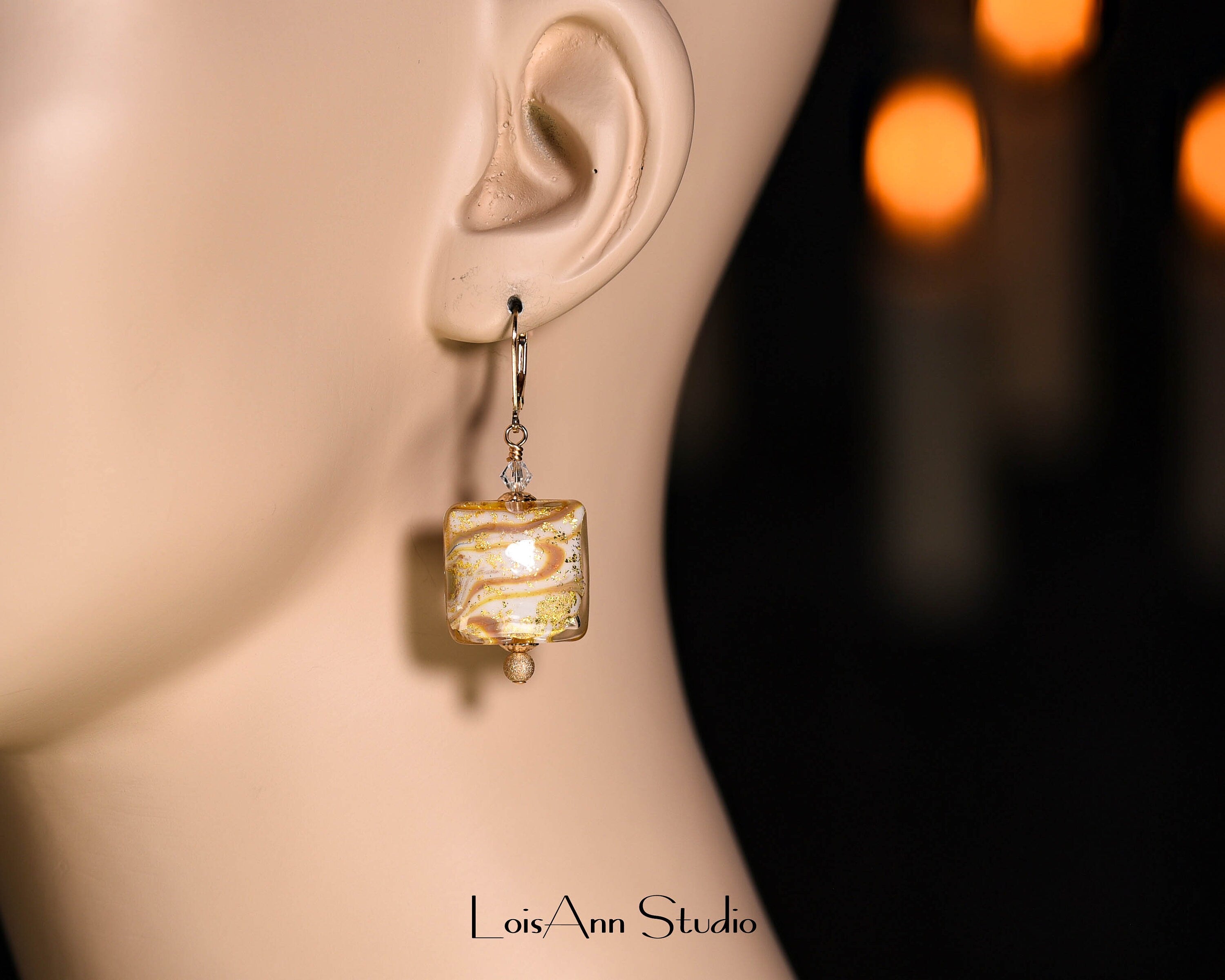 Rare Calcedonia Murano Glass 24kt Gold Foil Earrings, 14kt Gold Filled Lever Back Ear Wires for Pierced Ears, Handmade Lampwork