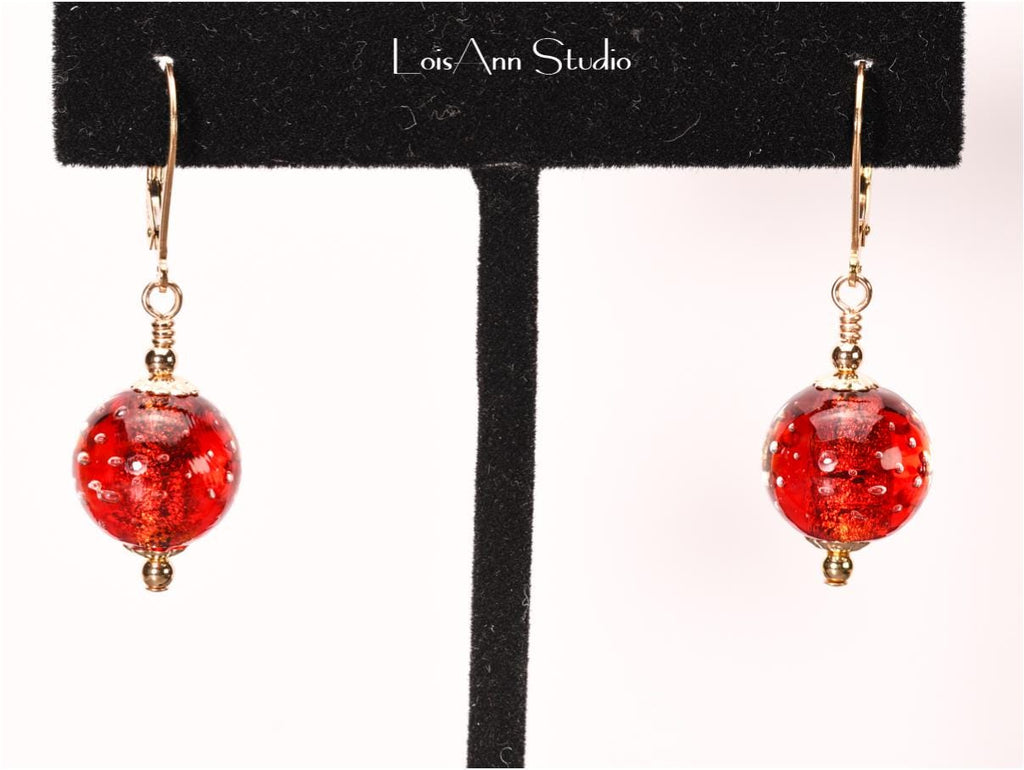 Red Murano Bollicine Glass Earrings, Lampwork Beads, 14kt Gold Filled