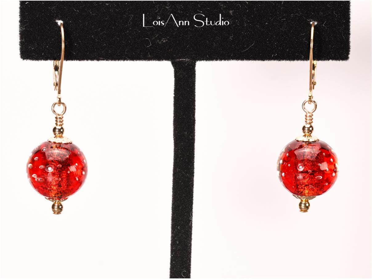 Red Murano Bollicine Glass Earrings, Lampwork Beads, 14kt Gold Filled